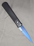 Godfather 4" Auto Solid Black Handle Sapphire Blue Blade Black Hardware Abalone Button Deep Carry Clip