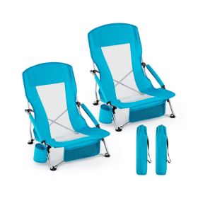 2 Folding Beach Chairs Portable Foldable Beach Chair with Carry Bag, 5.5lbs Lightweight Camping Chair with Cup Holder & Mesh Pockets (Blue)